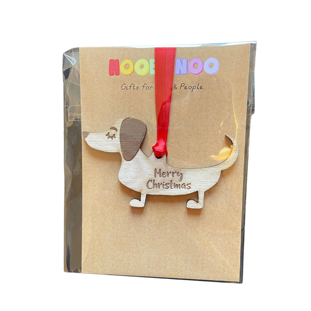 Wooden Christmas ornament shaped like a dog in a gift box with 'Mood & Mood' branding.