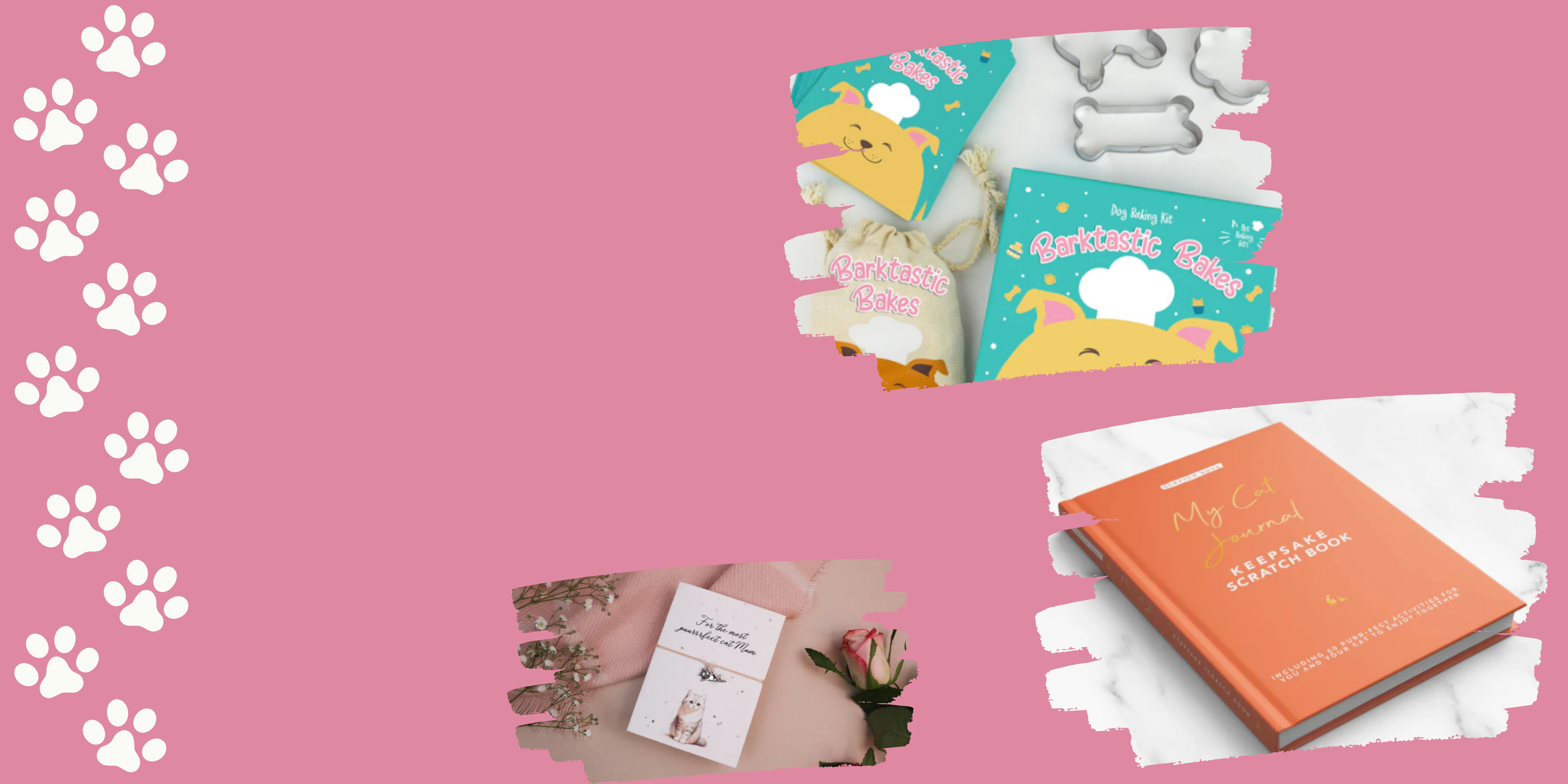 Collage of products and a notebook on a pink background with paw prints.
