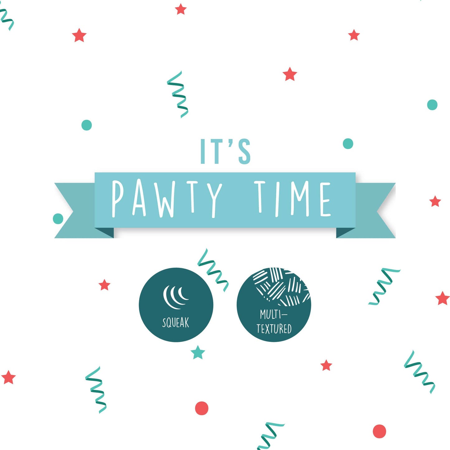 Text 'IT'S PAWTY TIME' with decorative elements on a white background