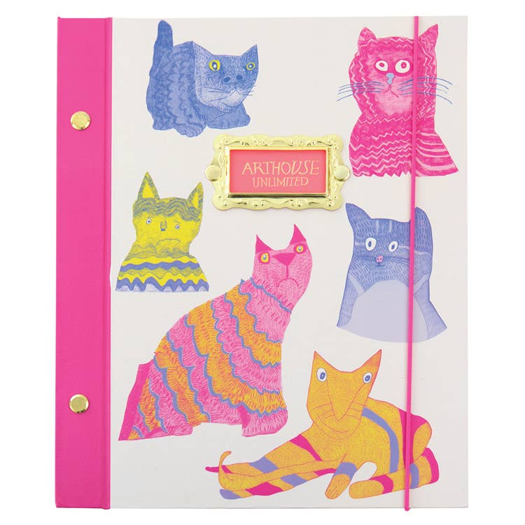 Colourful cat-themed notebook with pink binding and Arthouse Unlimited branding.