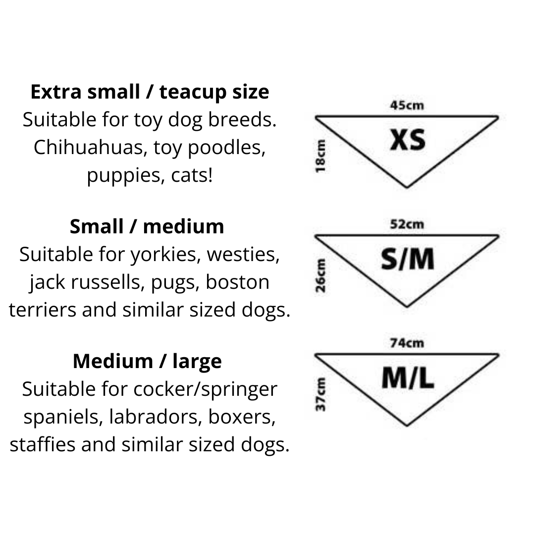 Dog bandana size chart with measurements for XS, S/M, and M/L sizes on a white background.
