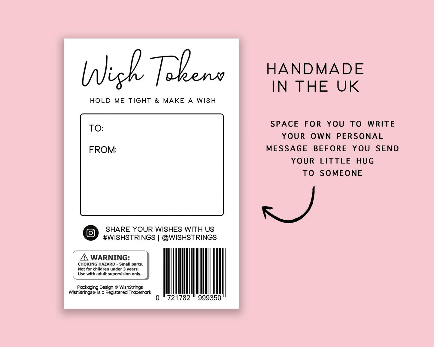 Wish Token packaging with text on a pink background