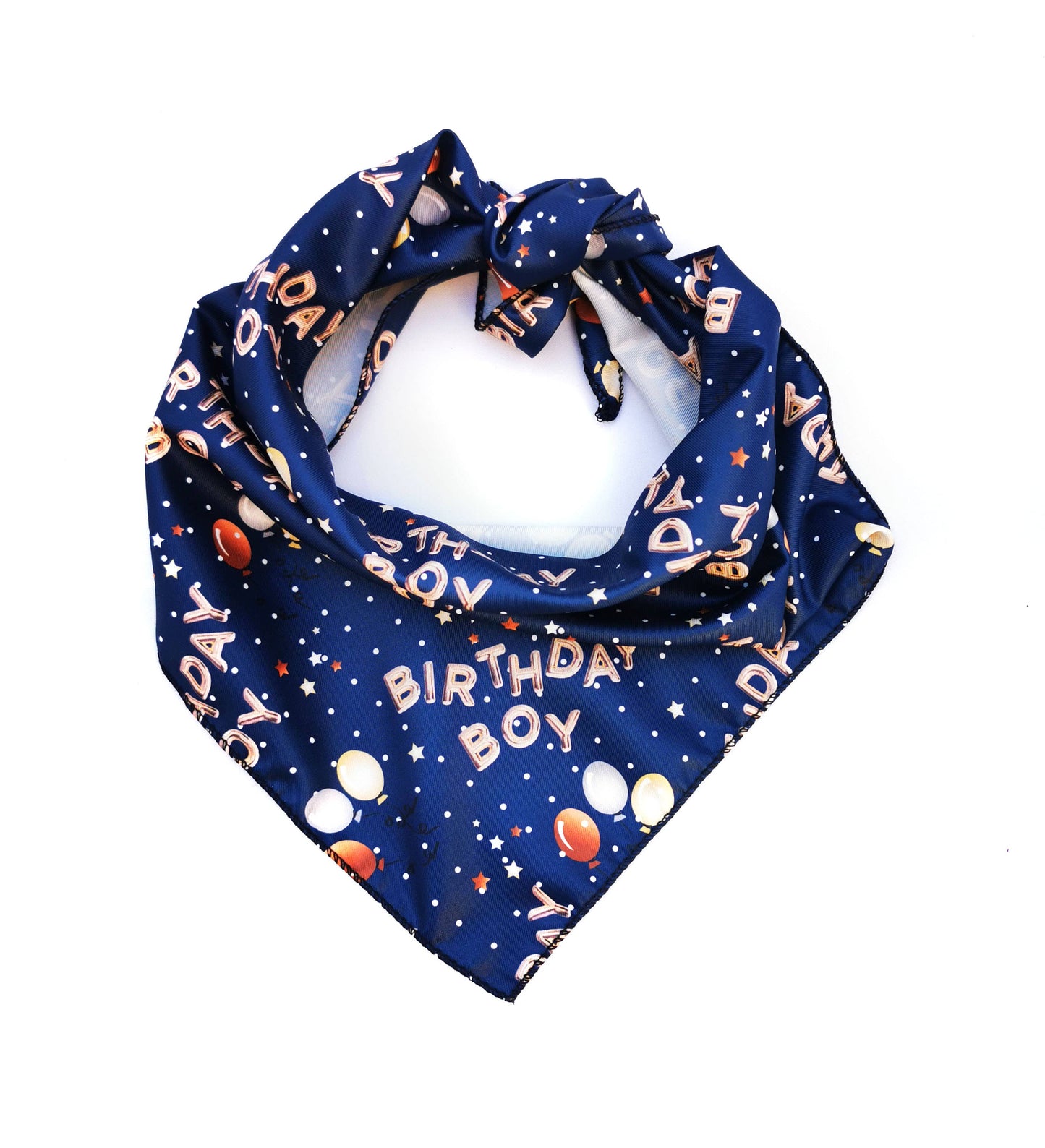 Navy blue bandana with 'Birthday Boy' text and birthday-themed design on a white background