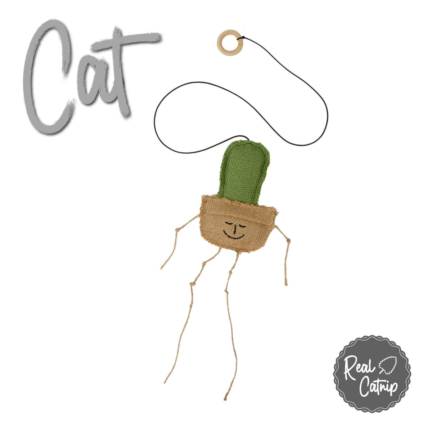 Cat toy shaped like a cactus with a face on a white background