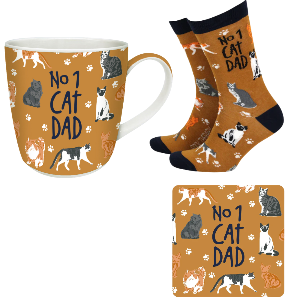 No1 cat dad mug, coaster and socks.