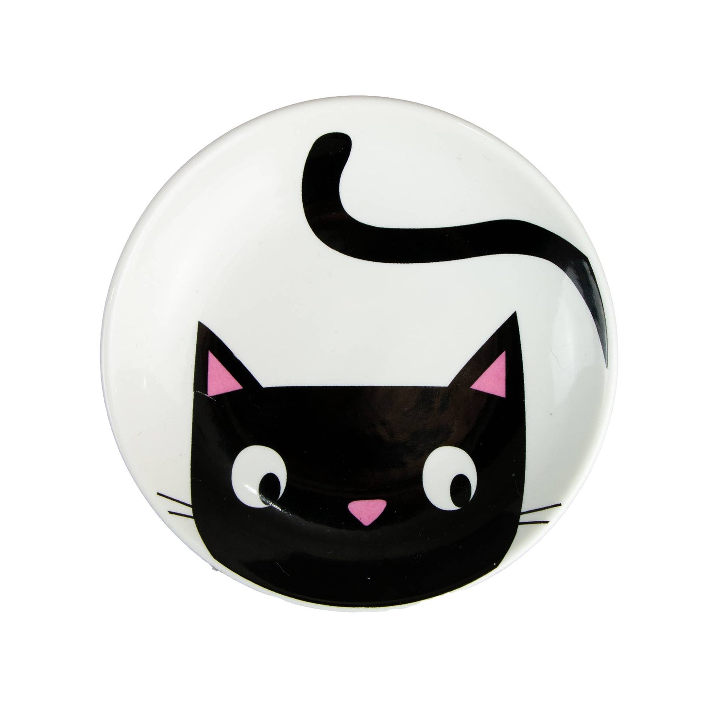 Round black and white dish with at design on a white background