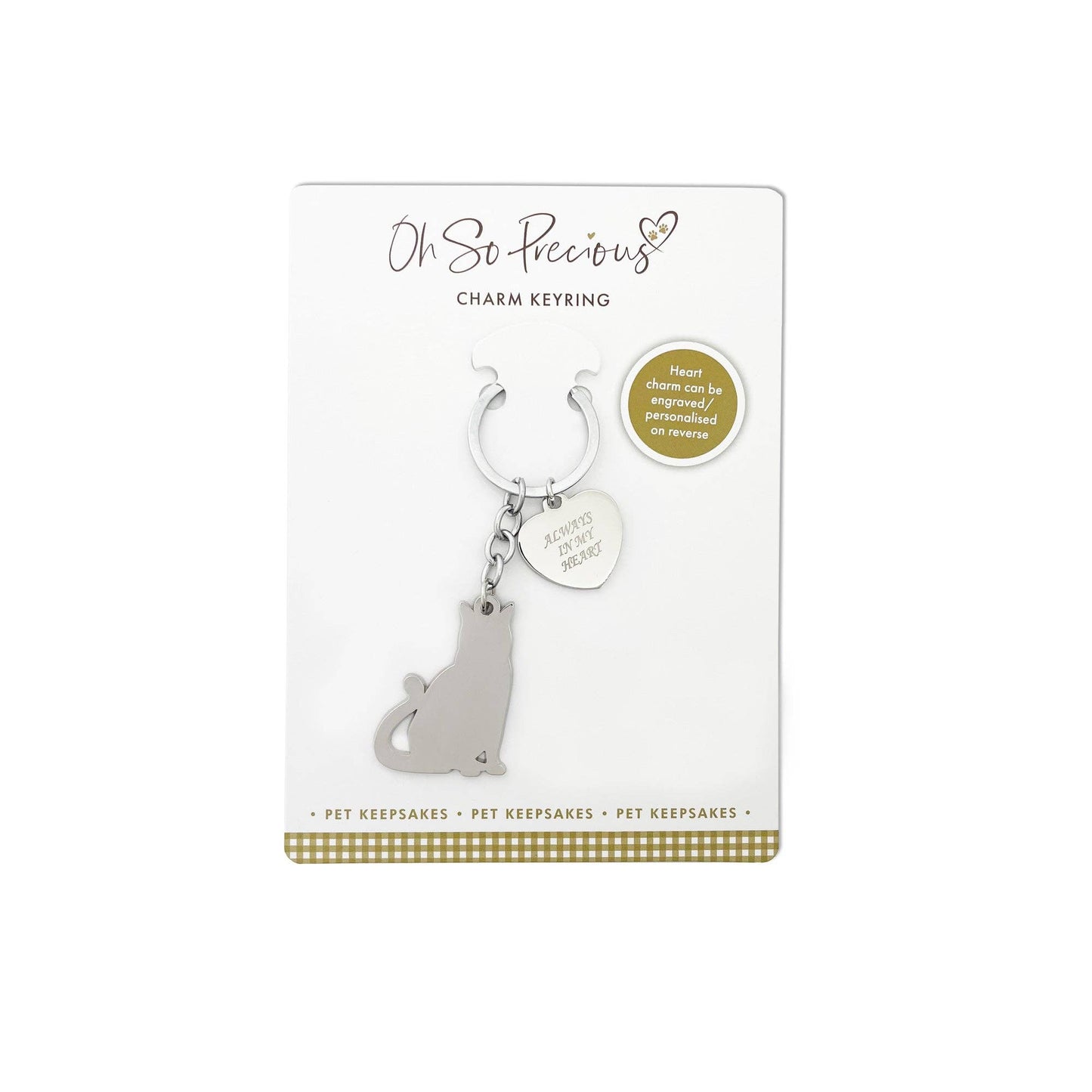 cat keyring on display card with the name 'oh so precious charm keyring'
