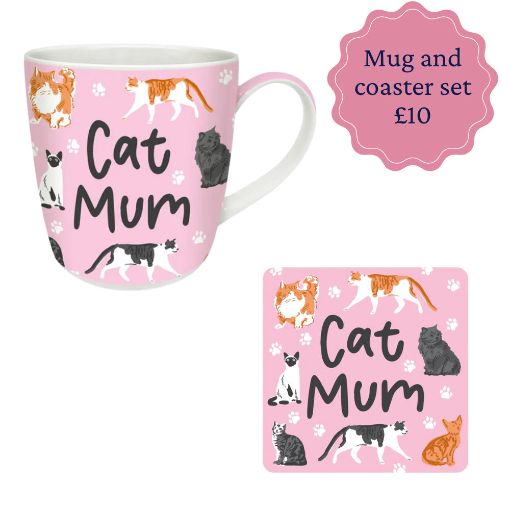 Mug and coaster set with 'Cat Mum' text and cat illustrations on a pink background