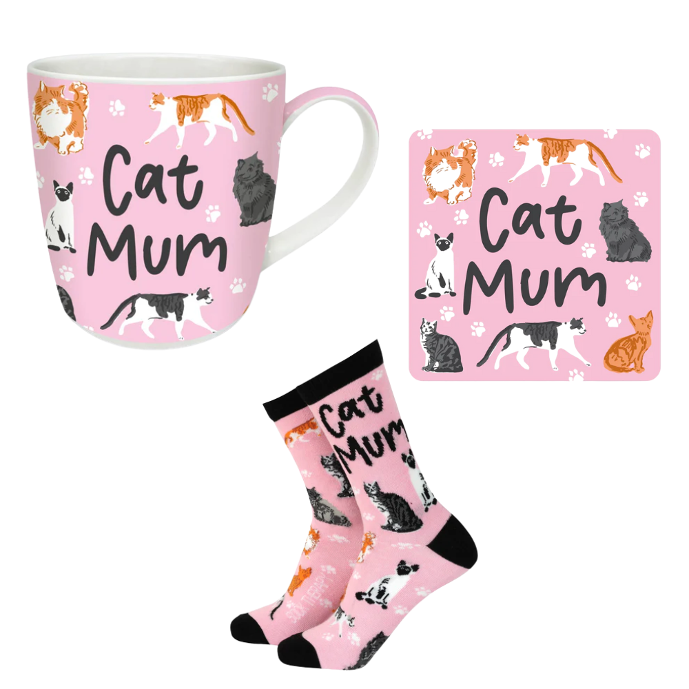 Pink 'Cat Mum' mug, socks, and coaster set on a white background