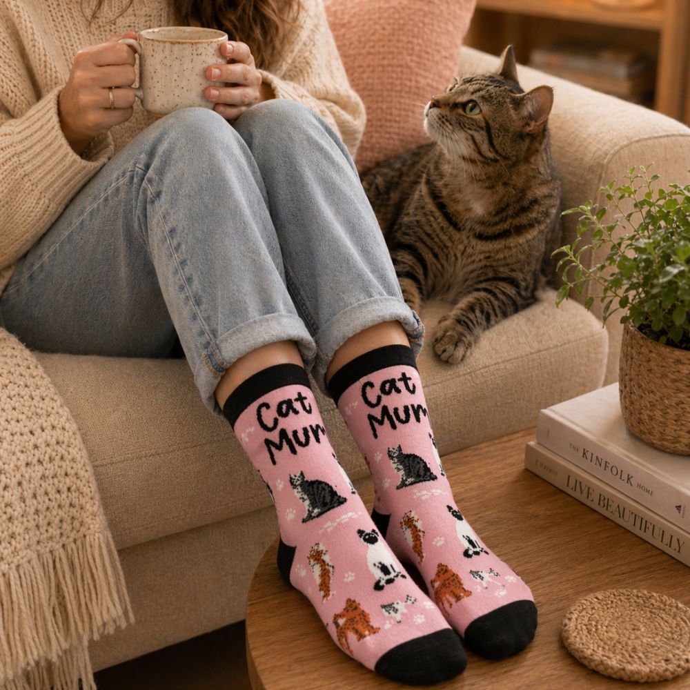 Person wearing pink socks with cat patterns sitting on a couch with a cat and a mug.