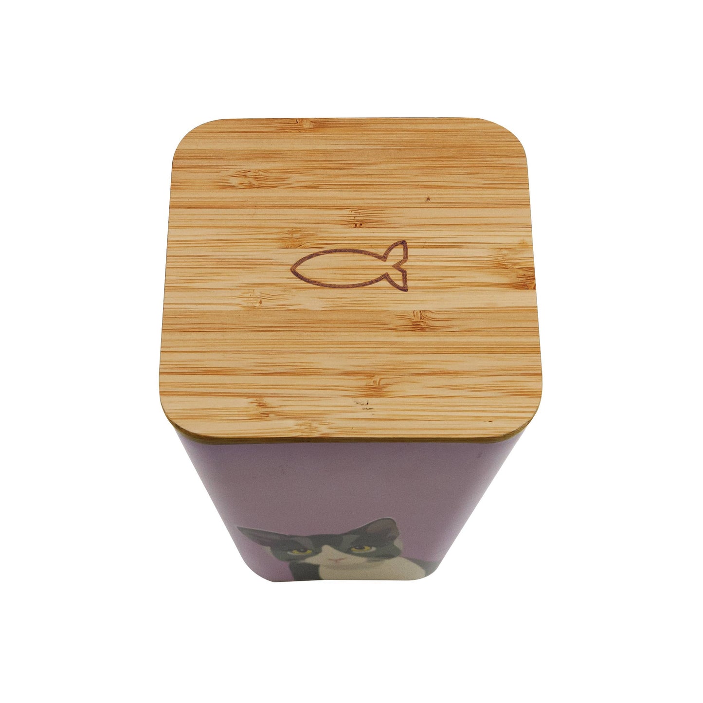 Square container with wooden lid and cat design on a white background