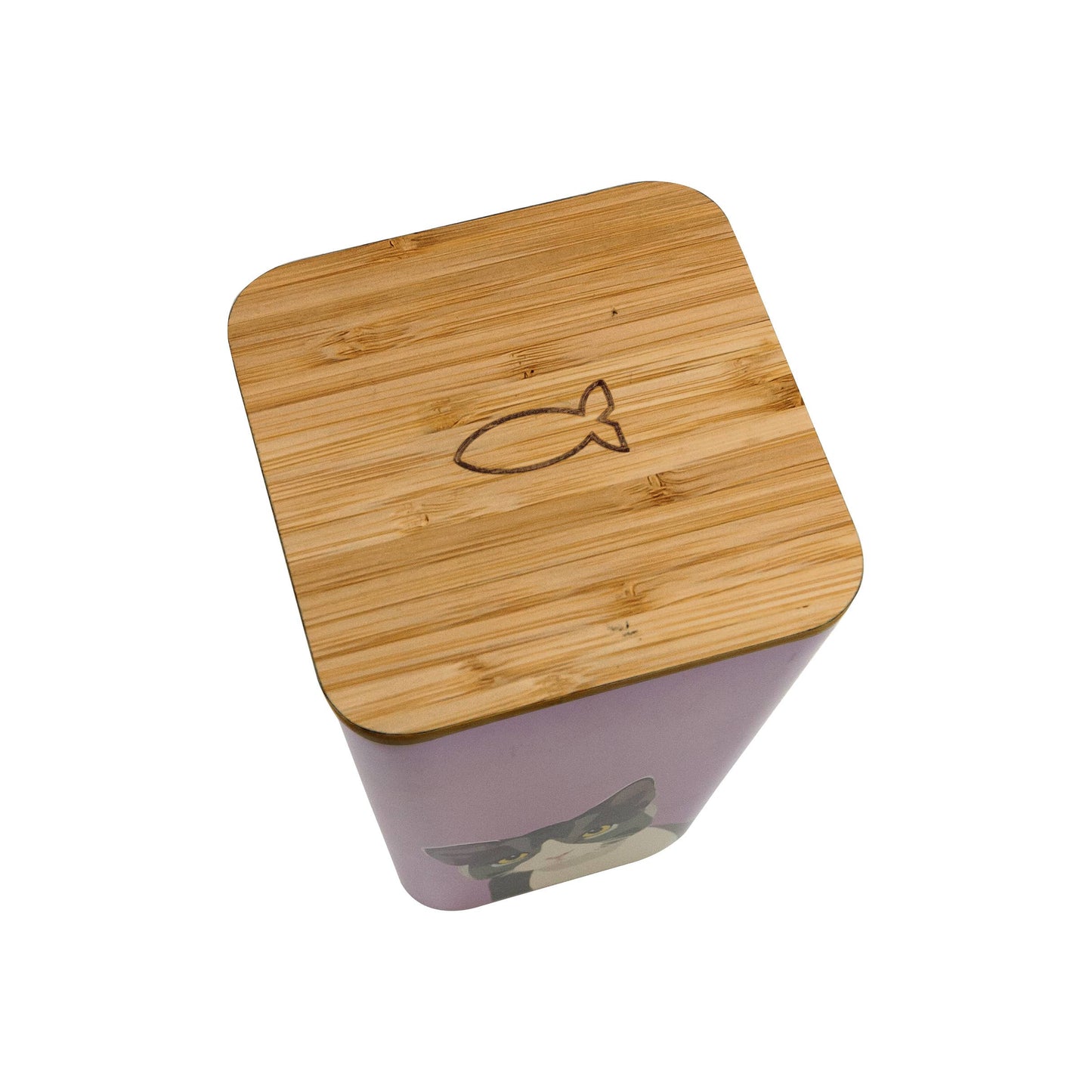 Bamboo lid on a purple container with a fish design on a white background