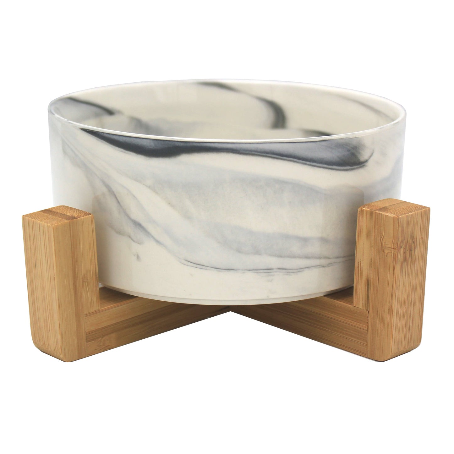 Marble-patterned bowl on a wooden stand with a white background