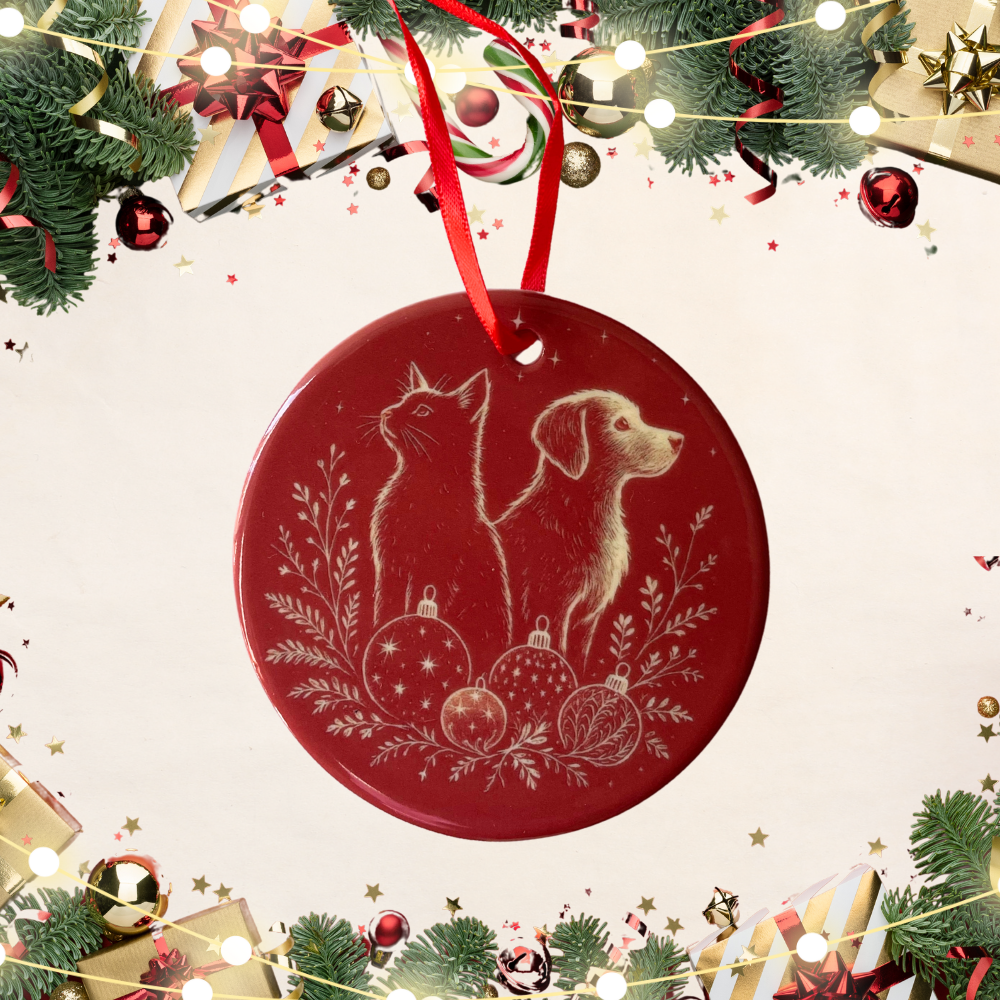 Red Christmas ornament with dog and cat design on a festive background