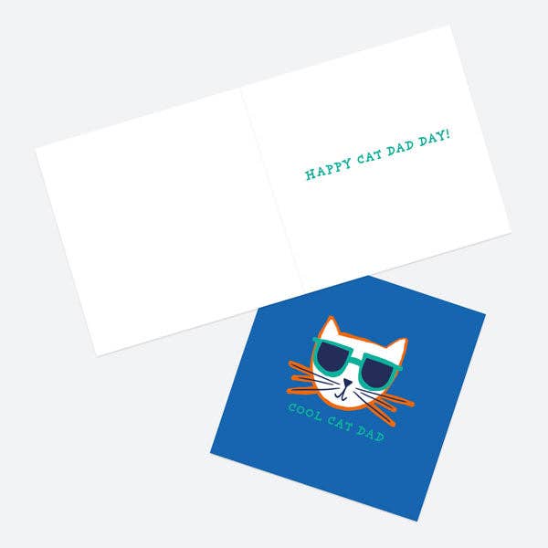 Greeting card with cat illustration and 'Happy Cat Dad Day!' text on a white background