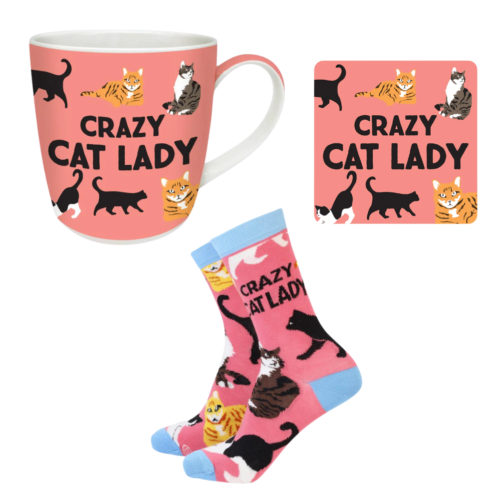 Crazy Cat Lady mug, socks, and coaster set on a white background