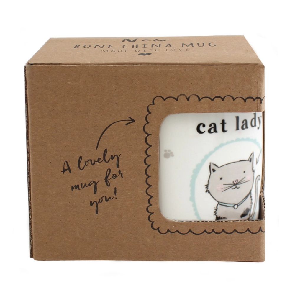 Mug with 'cat lady' design in a cardboard box packaging.