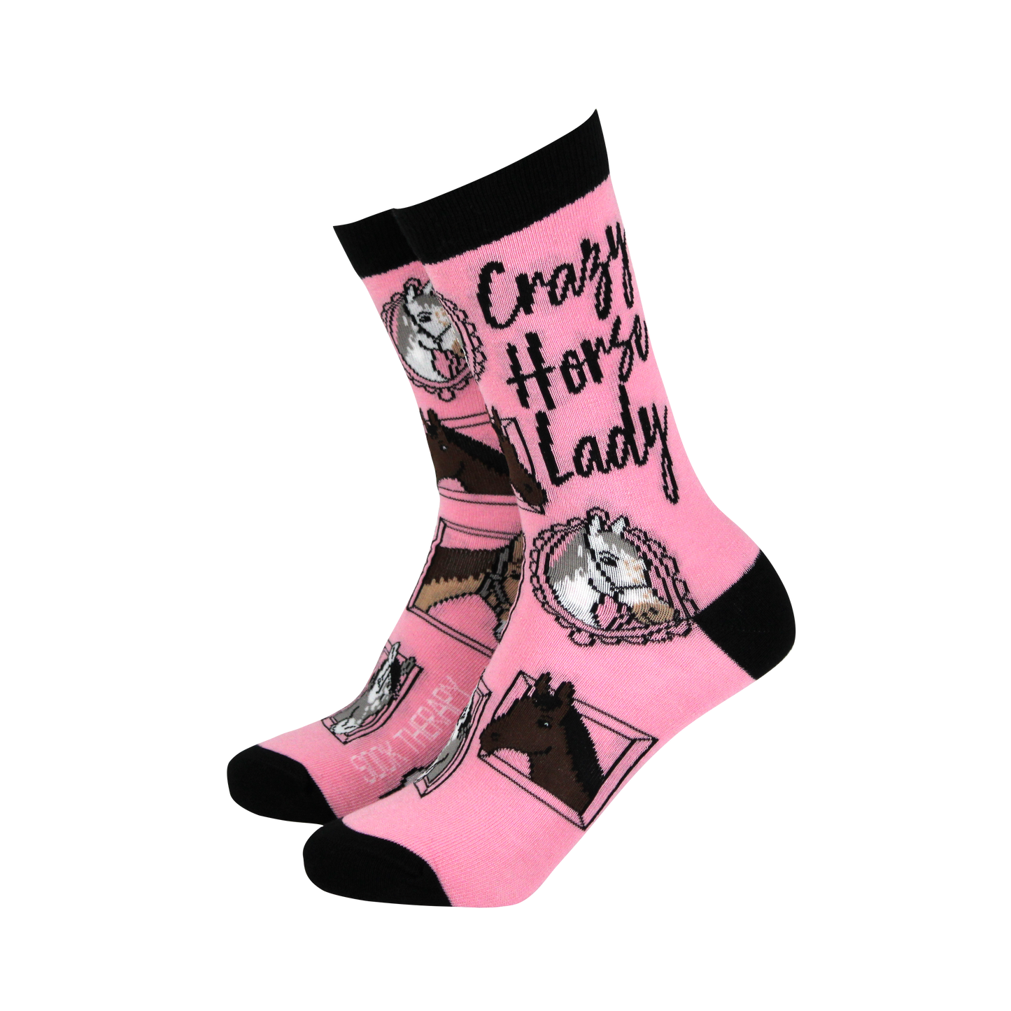 Pink socks with horse designs and text on a white background
