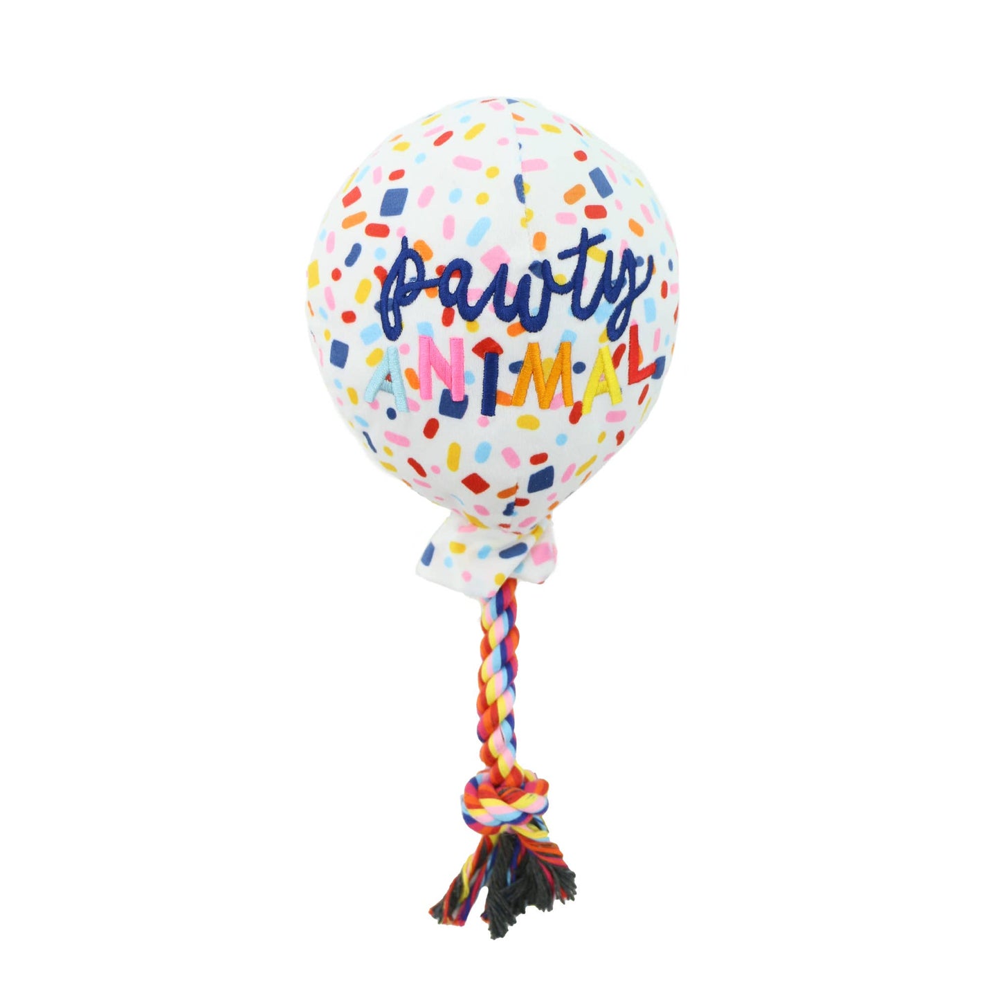 Balloon-shaped dog toy with colourful confetti and 'Pawty Animal' text on a white background