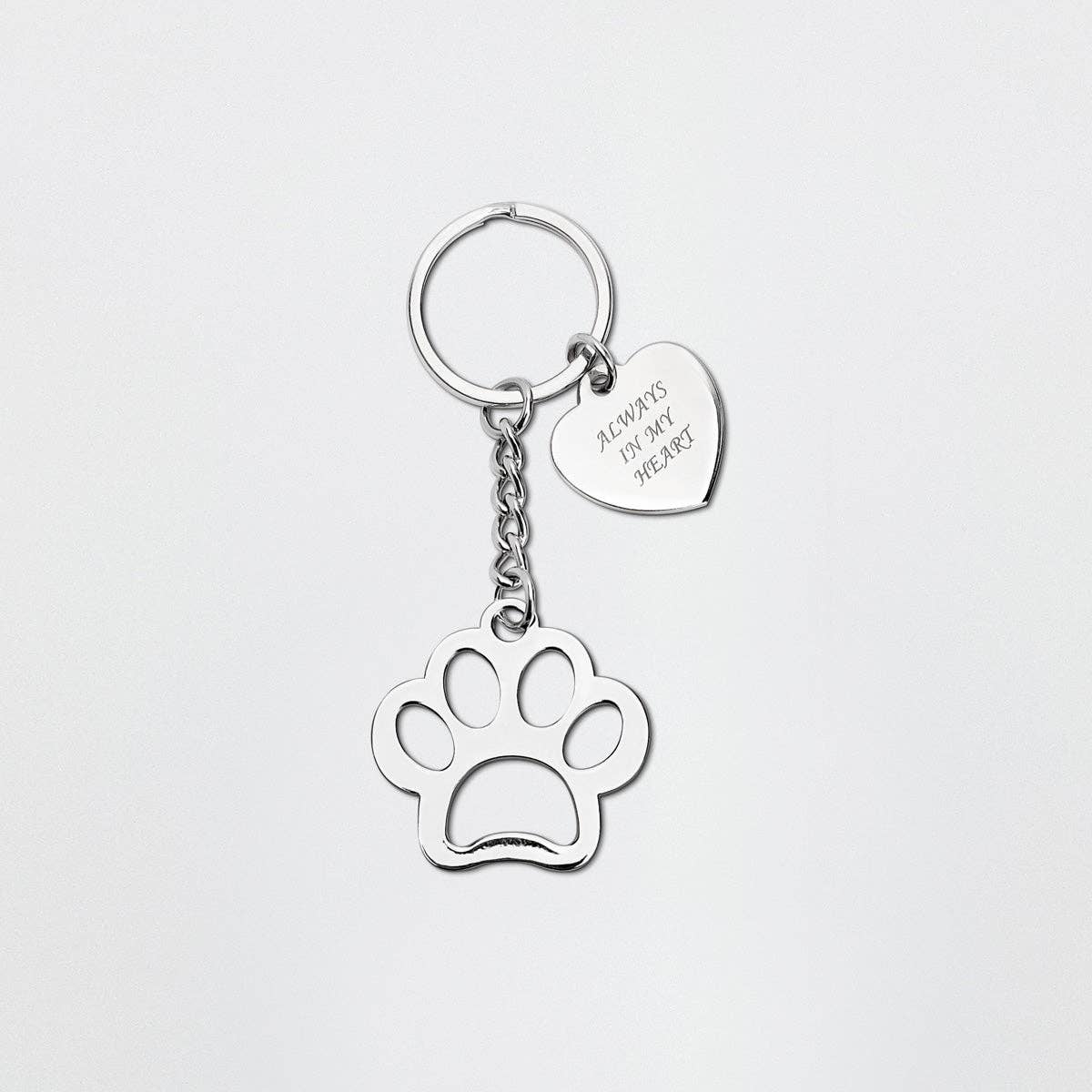 stainless steel keyring with paw print and heart, engraving 'always in my heart'