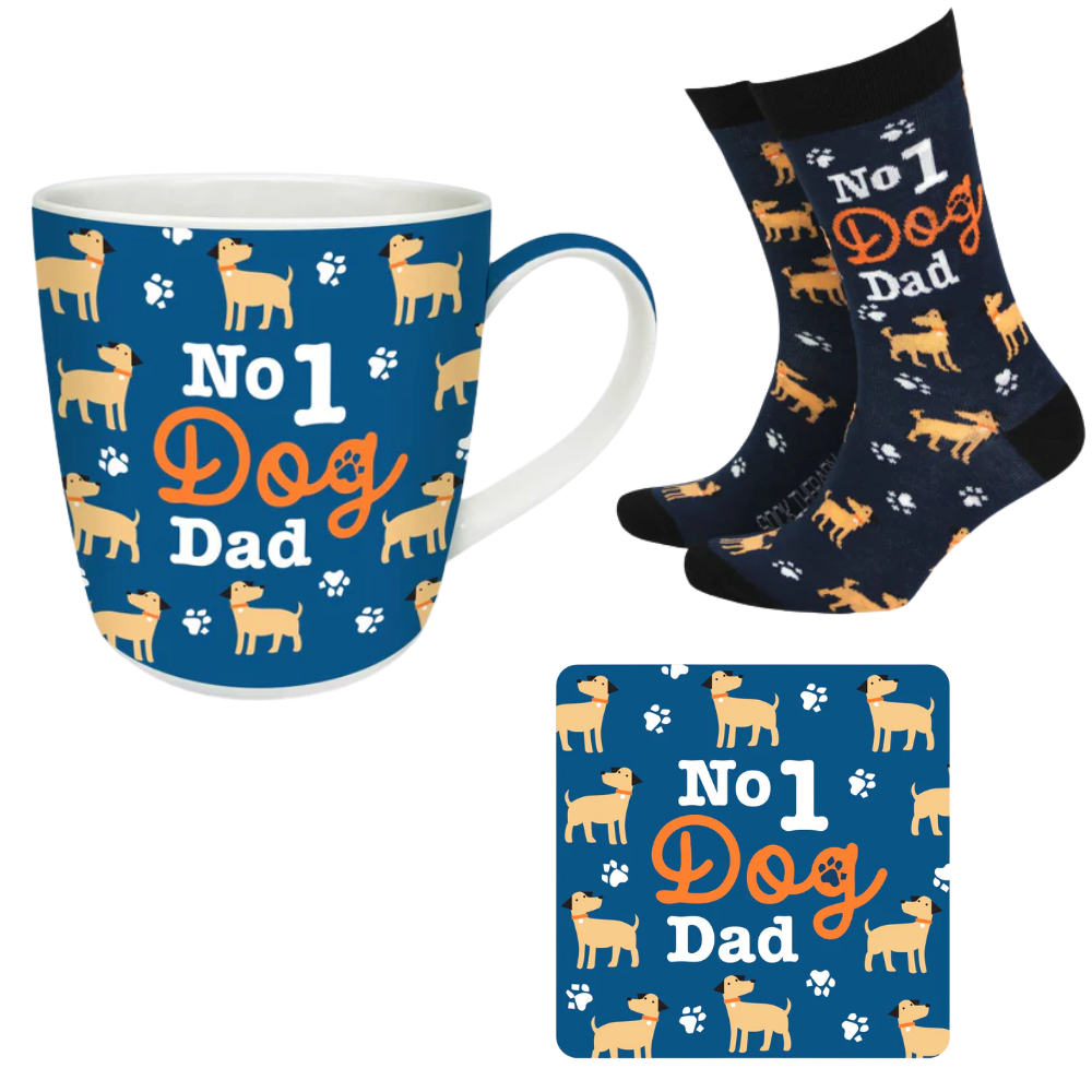 mug, socks and coaster with images of dogs saying no1 dog dad.