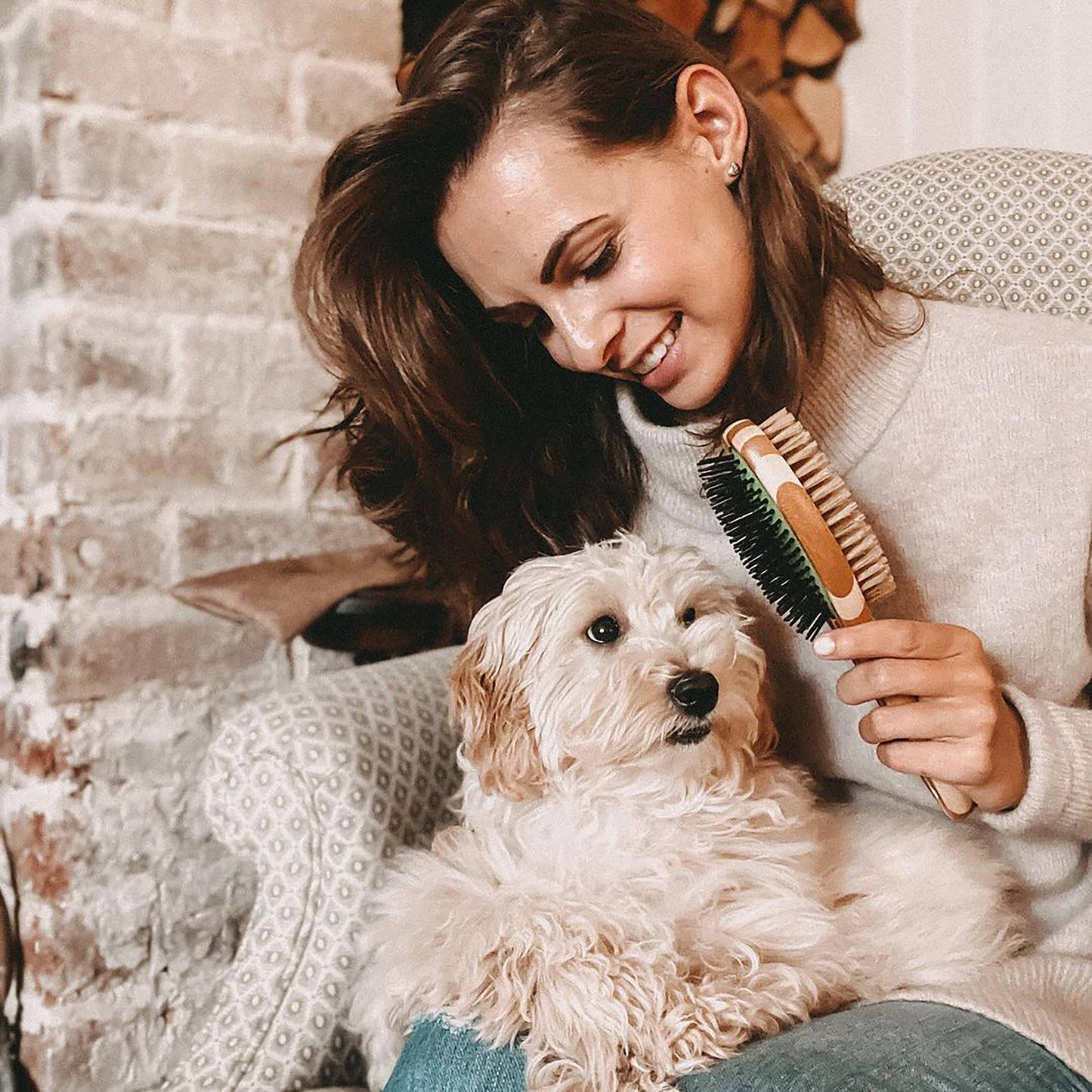 Woman sitting on a couch with a small white dog, holding a grooming brush.