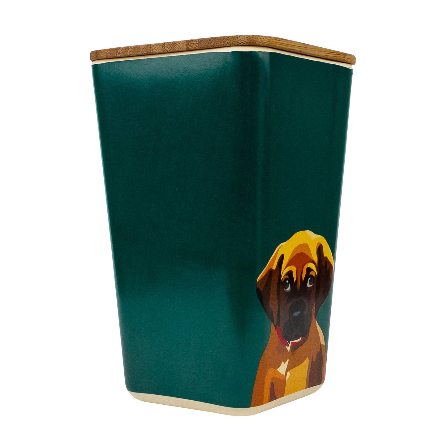 Teal storage pot with a dog illustration on a white background