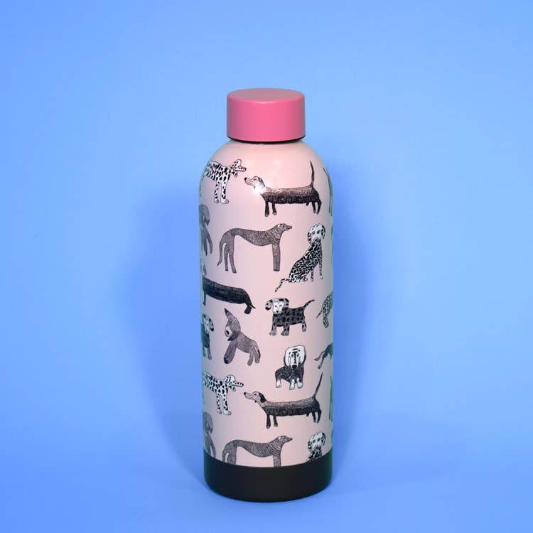 Water bottle with dog pattern on a blue background