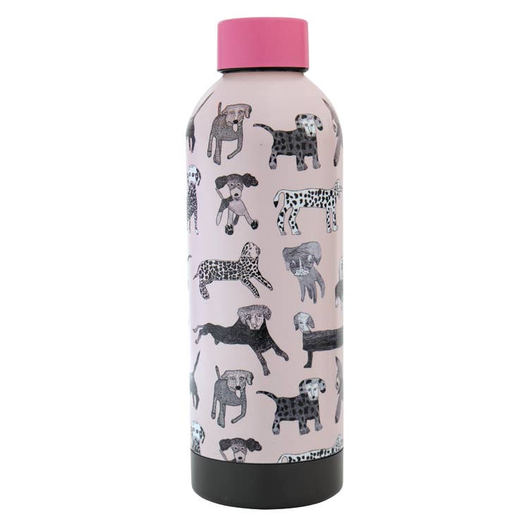 Water bottle with dog pattern and pink cap on a white background