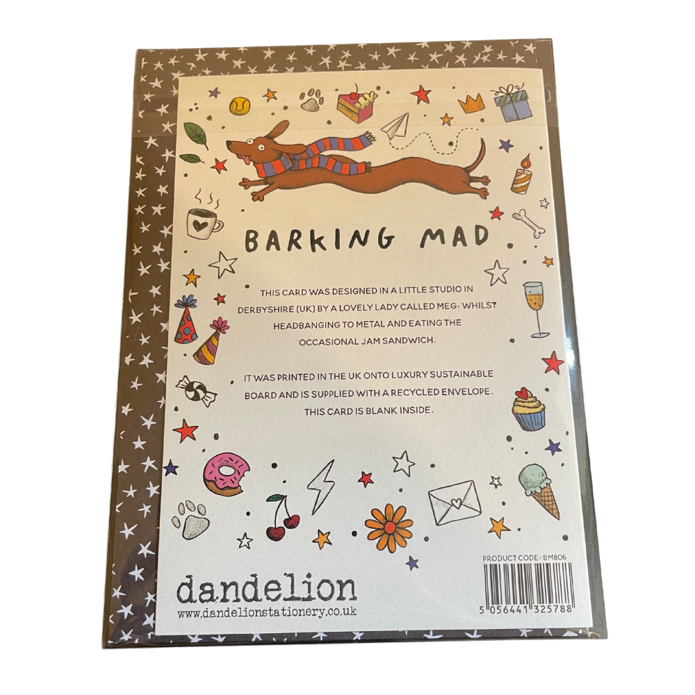 Card with 'Barking Mad' design and 'dandelion' branding on a white background