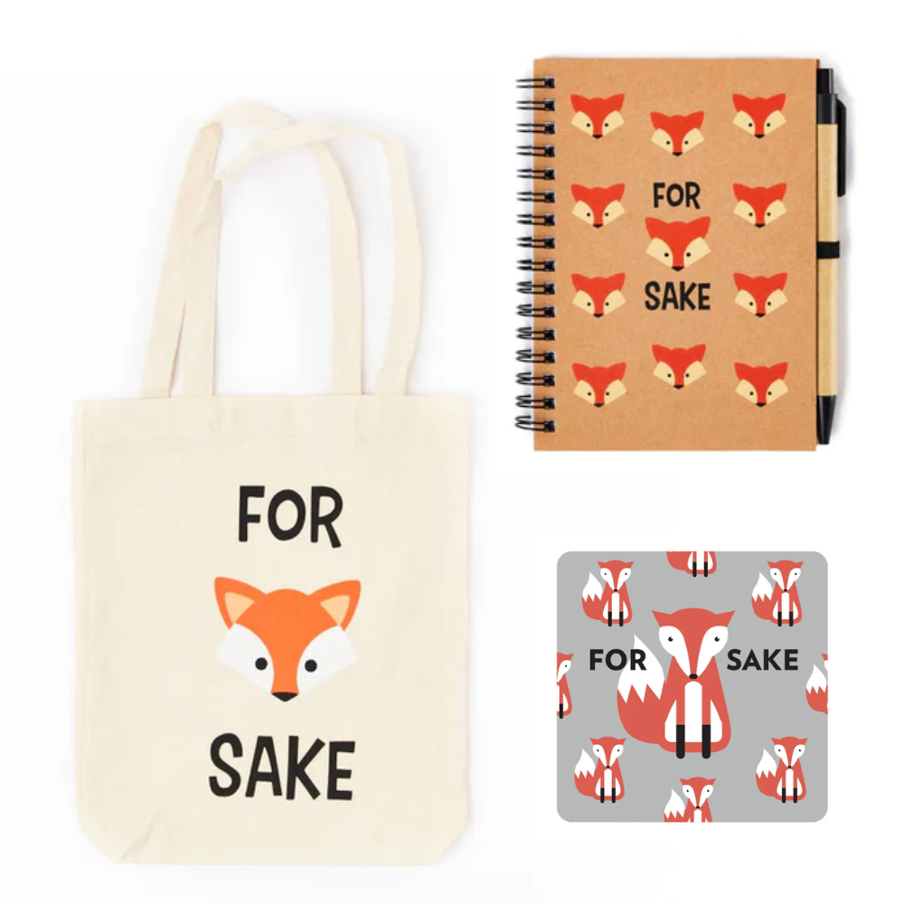 Set of 'For Fox Sake' merchandise including a tote bag, notebook, and coaster on a white background.