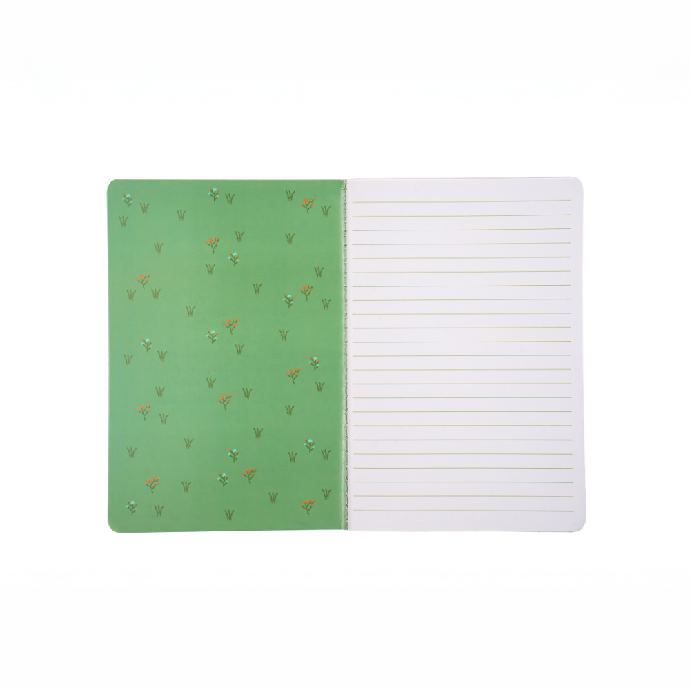 Inside of a notebook with a green front cover with flower design.