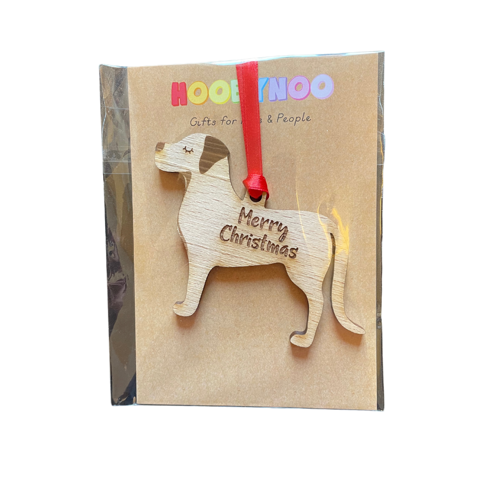 Wooden dog-shaped ornament with 'Merry Christmas' text on a brown card with 'HOOYHOO' branding.