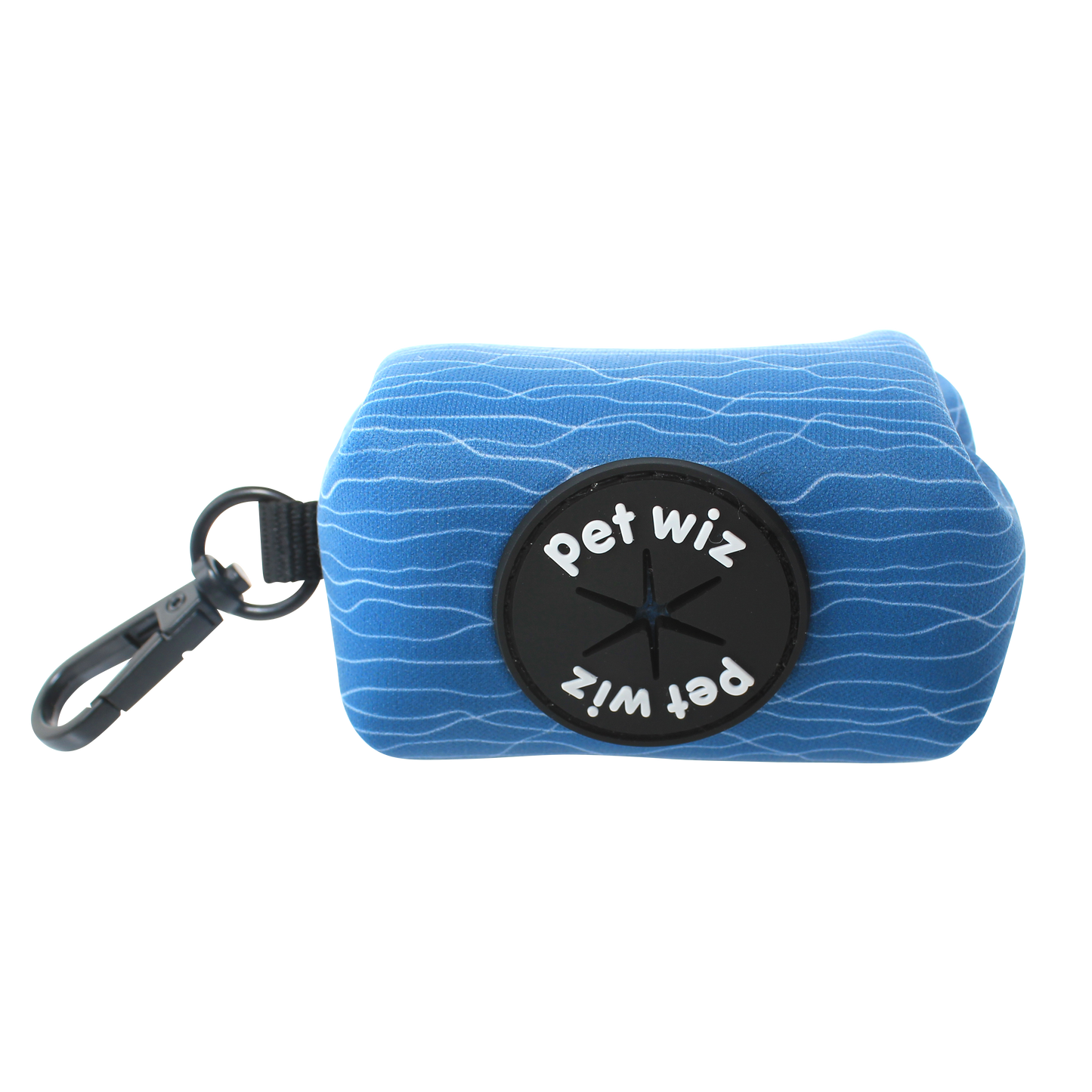 Blue poo bag holder with 'pet wiz' branding on a white background