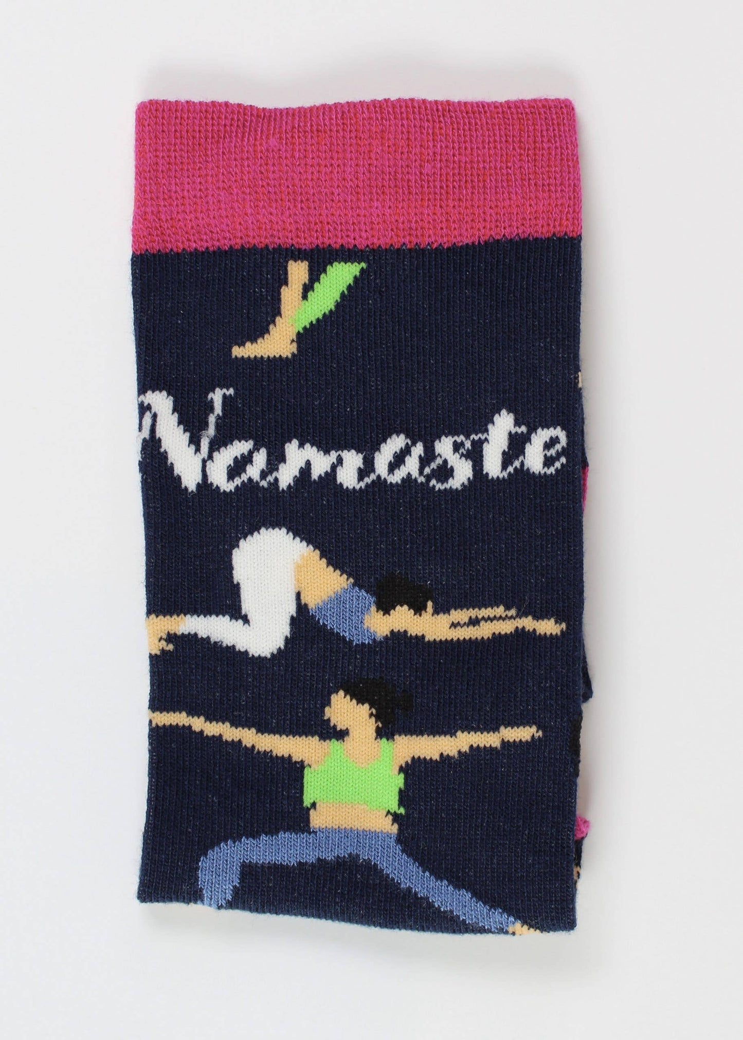 navy socks with pink rim, design of women doing yoga and slogan namaste displayed.