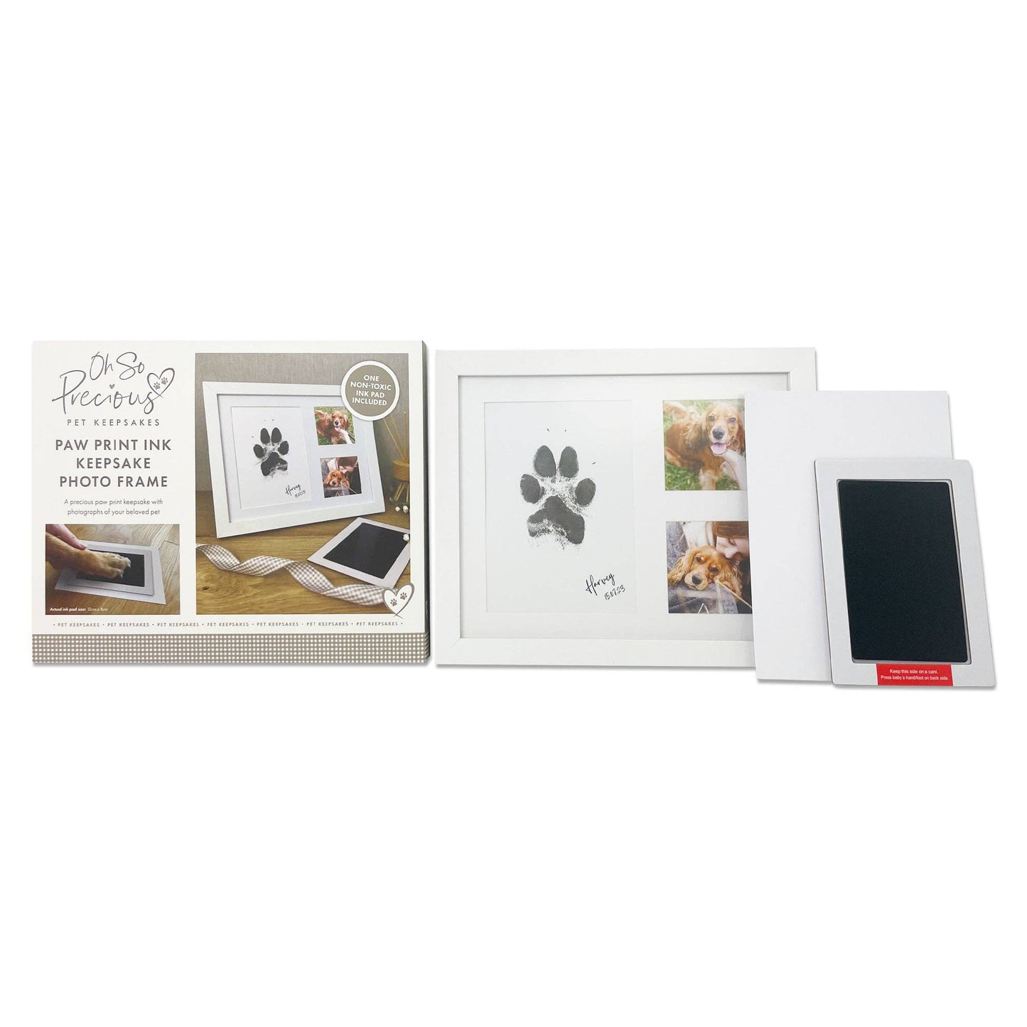 Paw print ink photo frame box and content of the product.