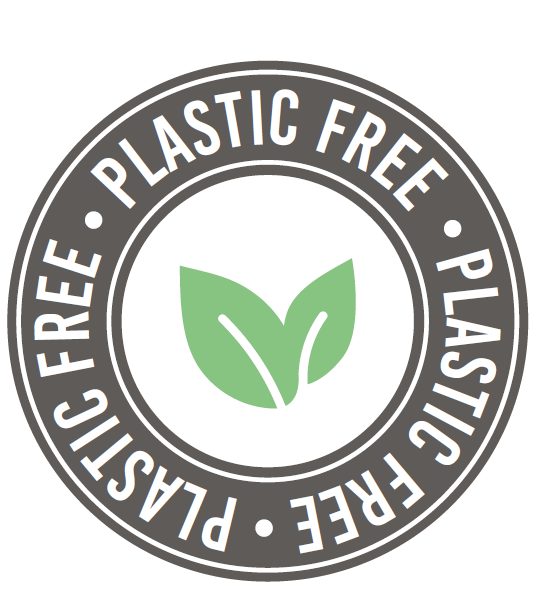 Circular logo with 'Plastic Free' text and a green leaf symbol on a white background