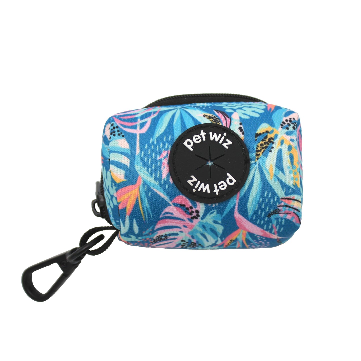 Colorful poo bag holder with 'pet wiz' branding on a white background