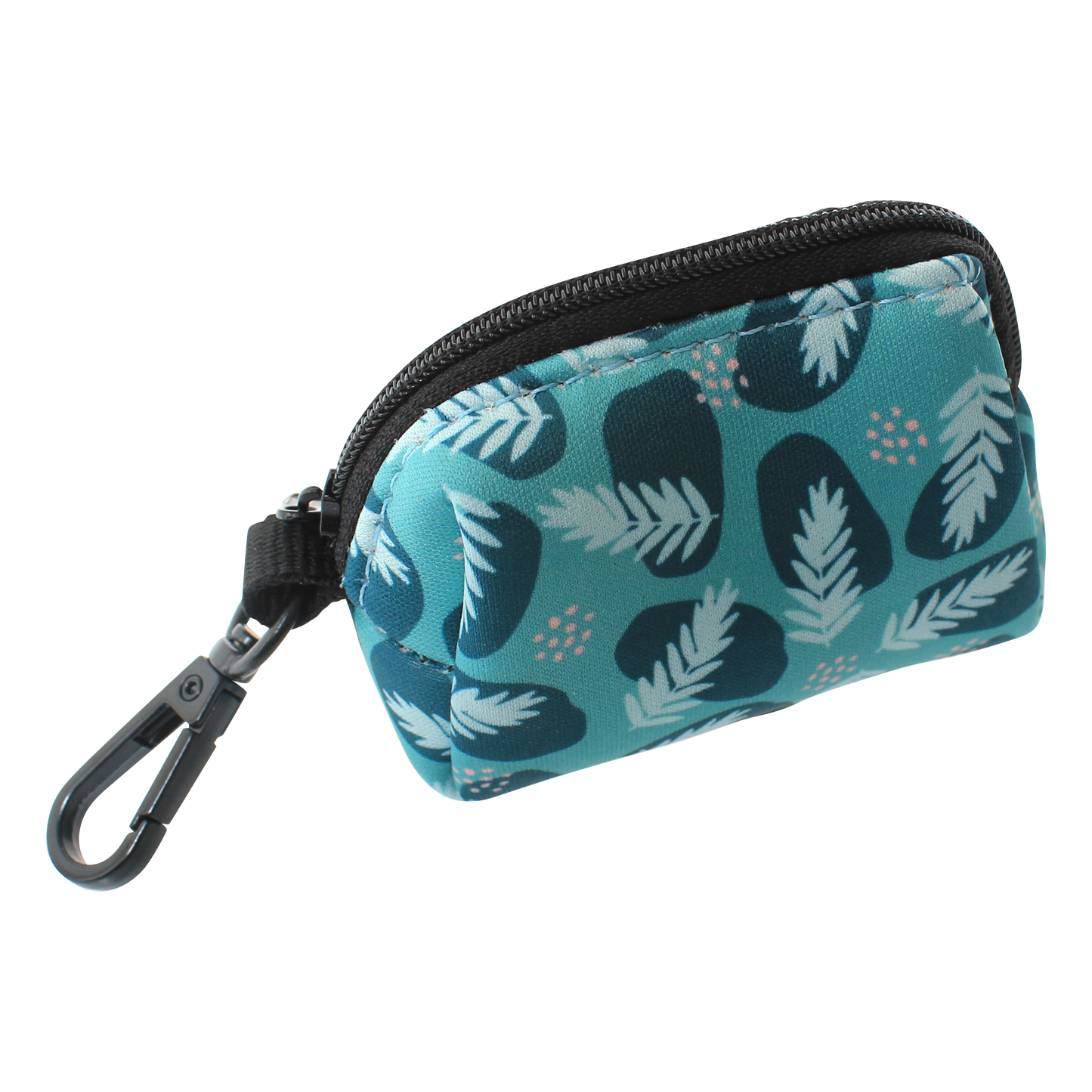 Small bluepoo bag holder with leaf pattern and black zipper on a white background