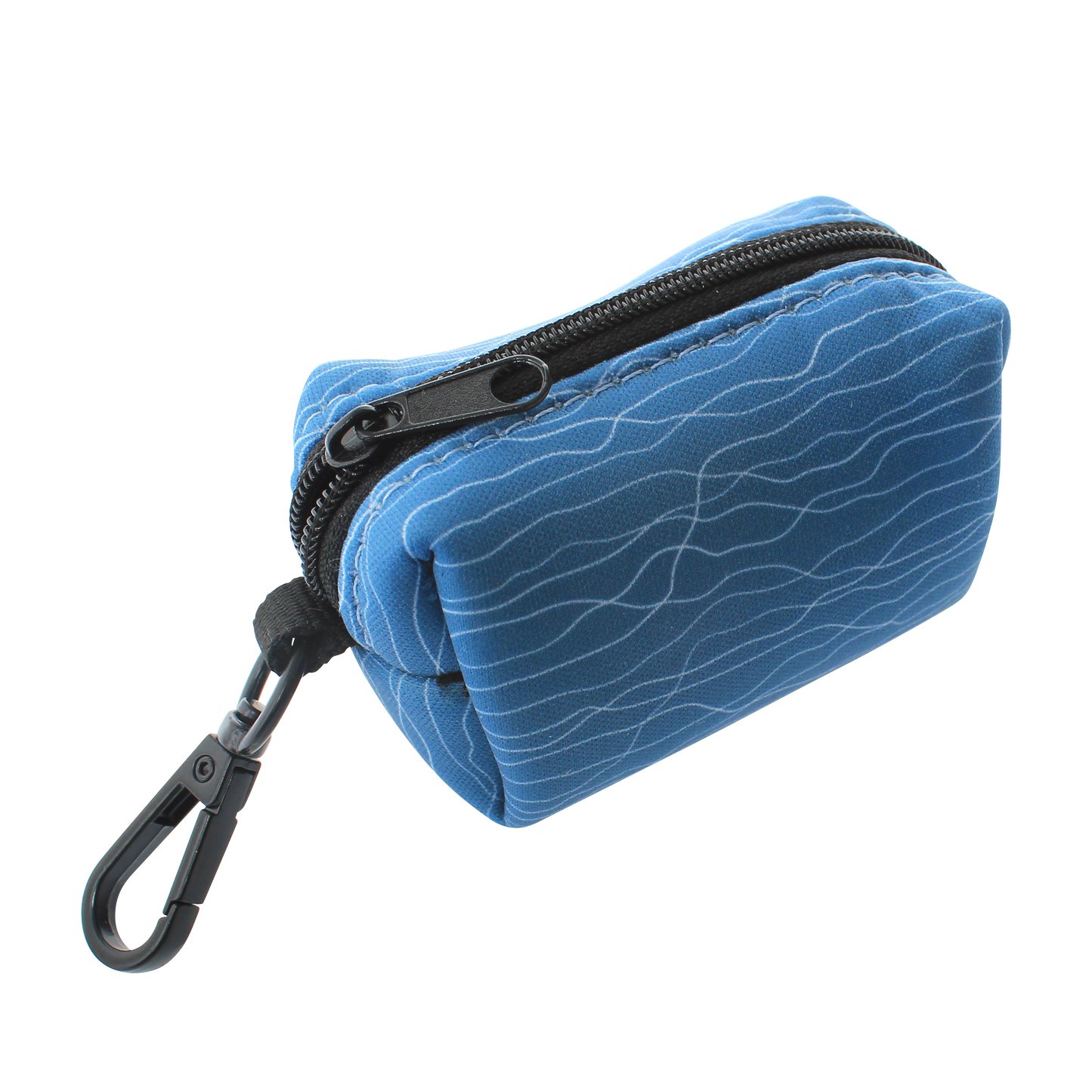 Blue textured poo bag holder with a black zipper and carabiner on a white background