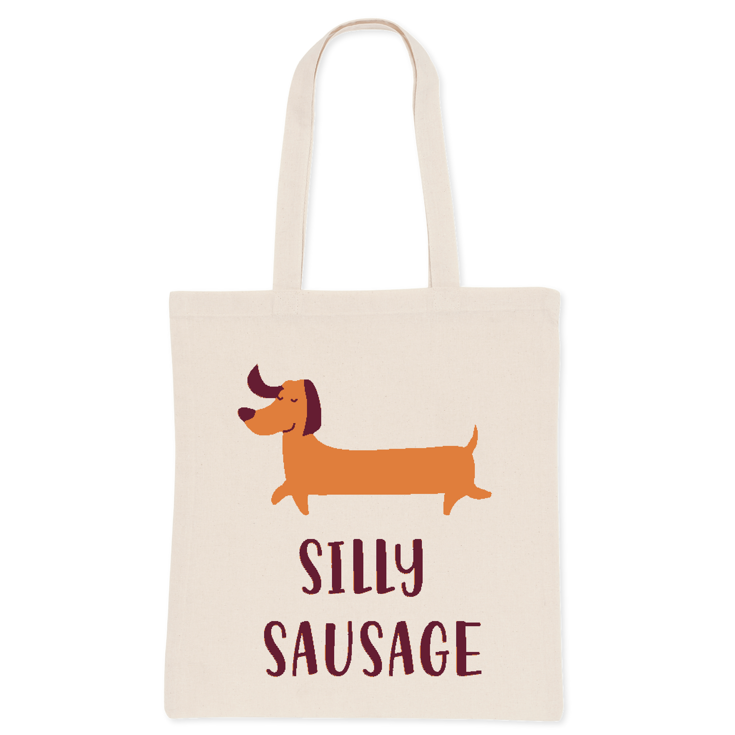 A white cotton tote bag with an illustration of a cartoon dog and the phrase 'SILLY SAUSAGE' printed on the front.