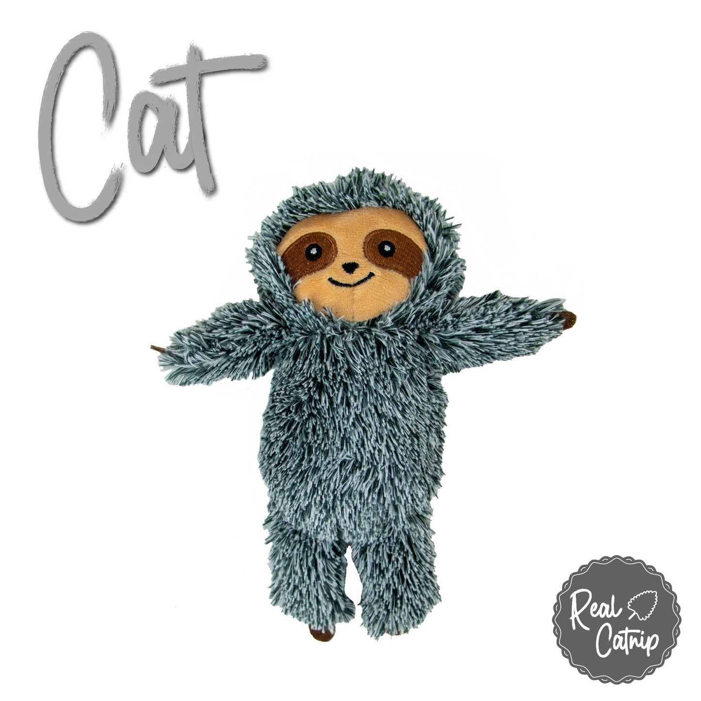Plush toy sloth with a catnip label on a white background