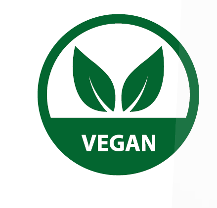 Vegan certification logo with green leaves and 'VEGAN' text on a white background