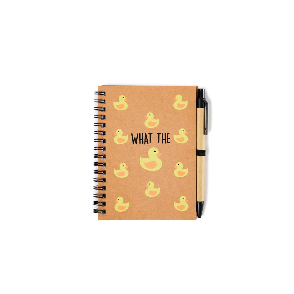 a notepad and pen set saying 'what the duck' with images of yellow ducks printed over the front cover.