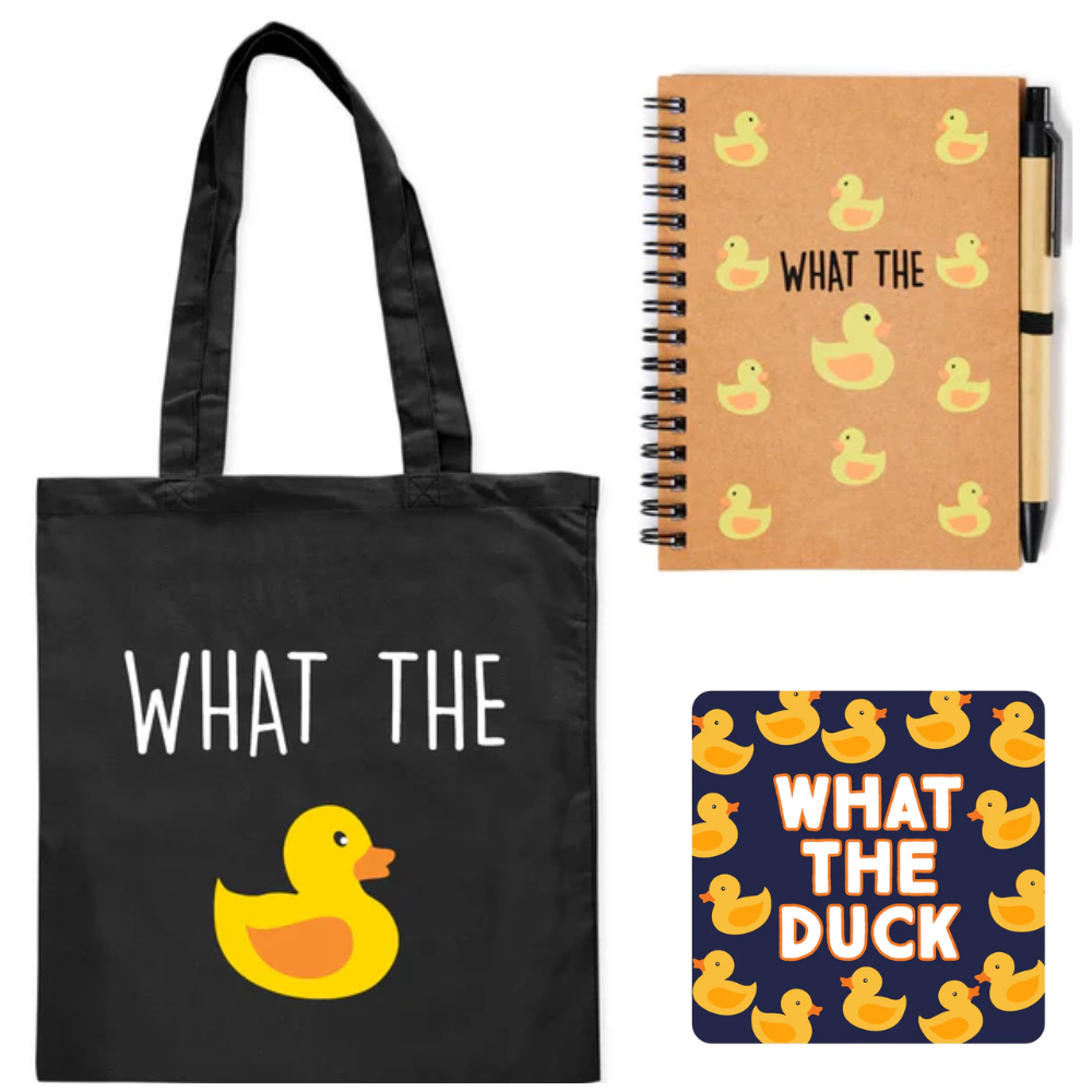 Black tote bag with 'What the Duck' design, notebook with duck pattern, and coaster with duck design.