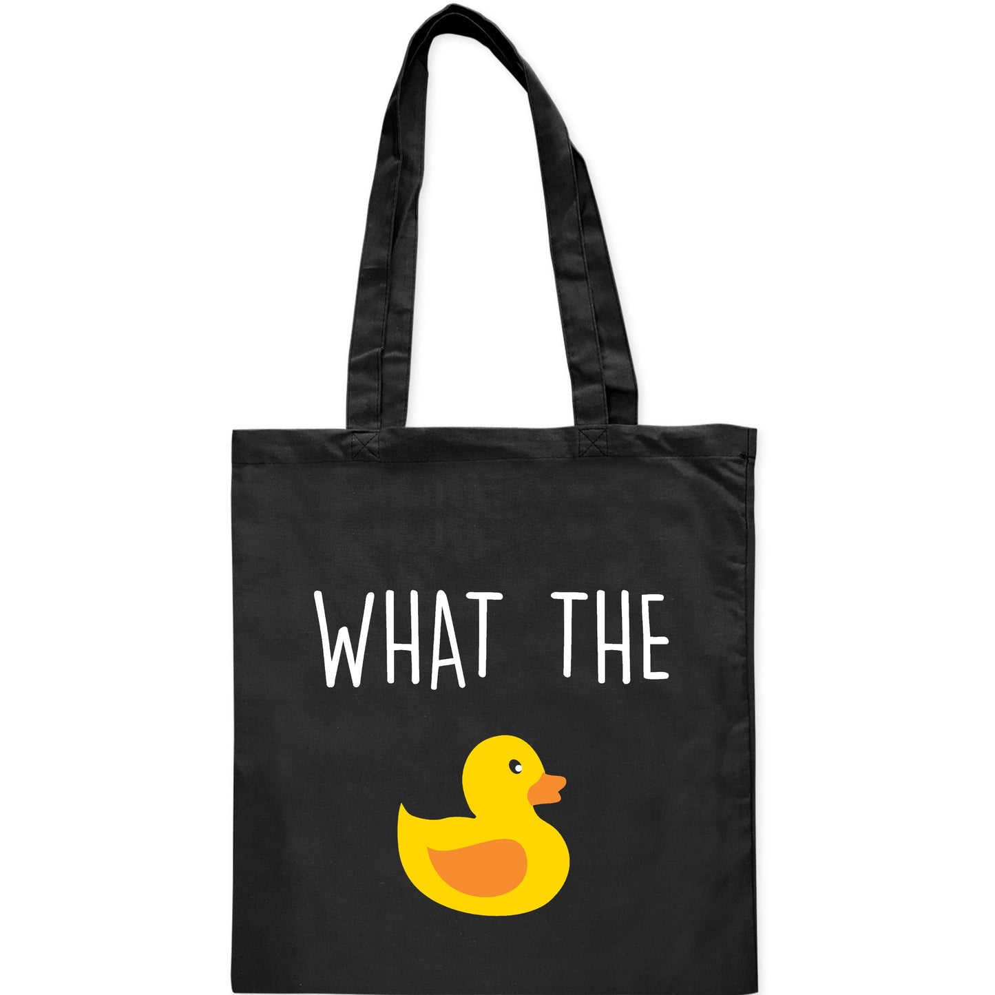 Black cotton tote bag with a yellow duck illustration and the phrase 'WHAT THE' printed in white.
