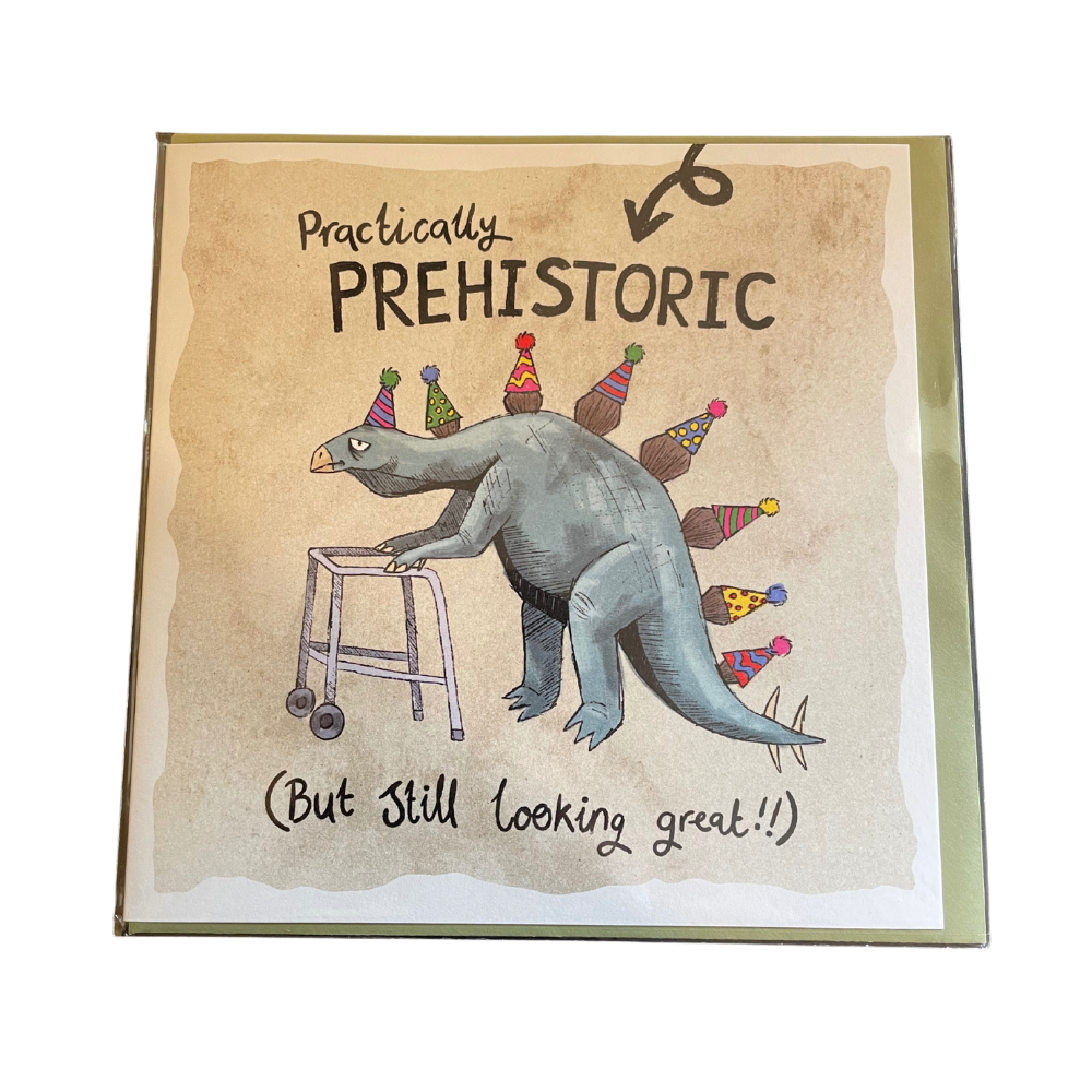 Card with a dinosaur illustration and text on a brown background