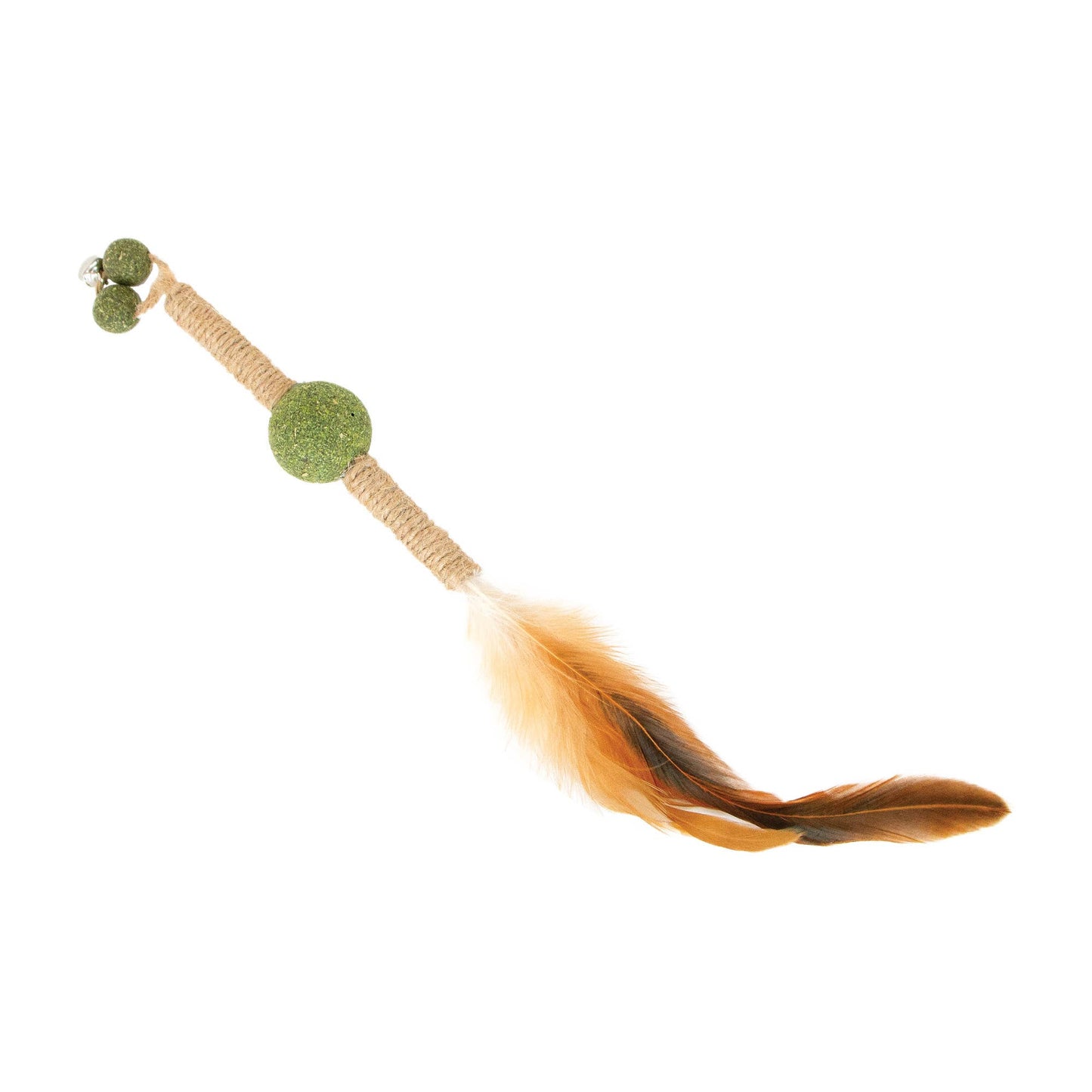 Stick cat toy with decorative feather on a white background 