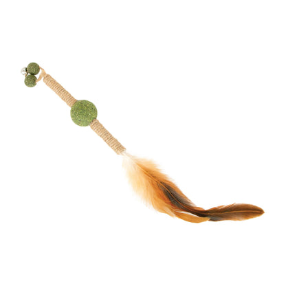 Stick cat toy with decorative feather on a white background 