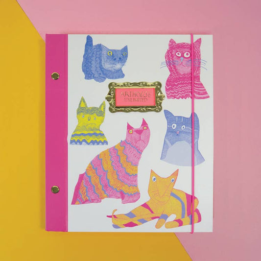 Colorful cat illustrations on a notebook cover with a pink background